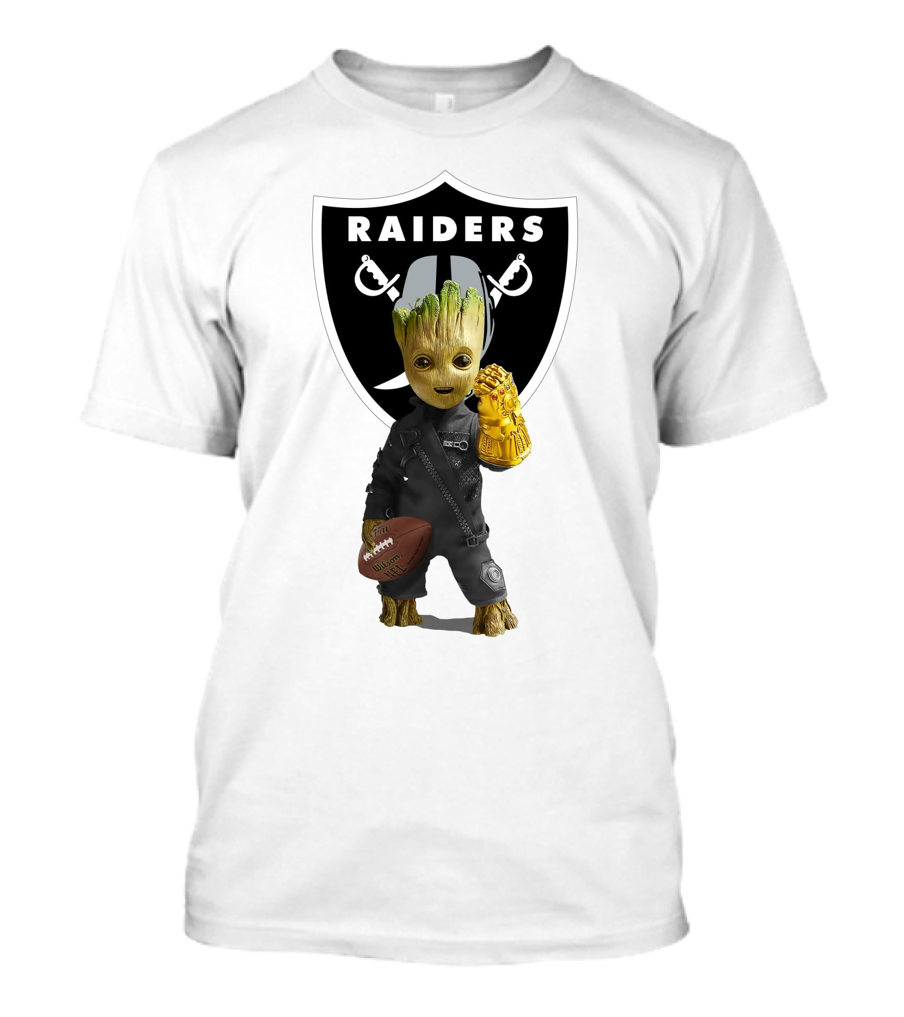 Las Vegas Raiders Groot Holding Football With Gauntlet In Front Of Raiders T-Shirt