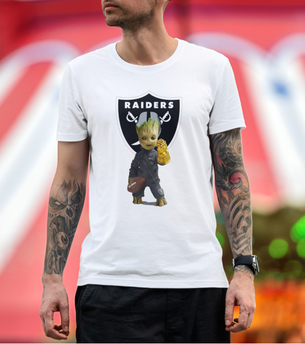 Premium T-Shirt: Las Vegas Raiders Groot Holding Football with Gauntlet in Front of Raiders T-Shirt Las Vegas Raiders Groot Holding Football with Gauntlet in Front of Raiders T-Shirt