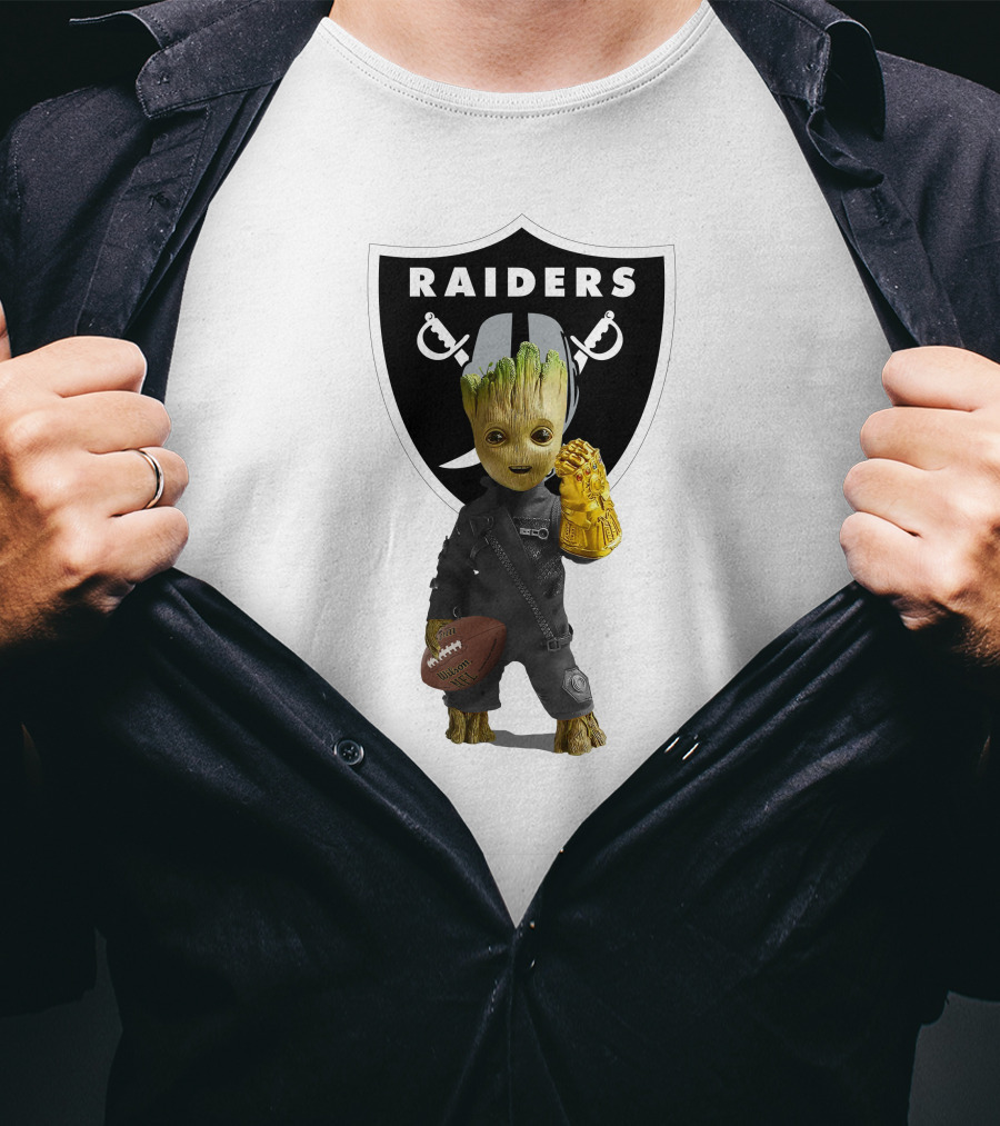 Las Vegas Raiders Groot Holding Football With Gauntlet In Front Of Raiders T-Shirt