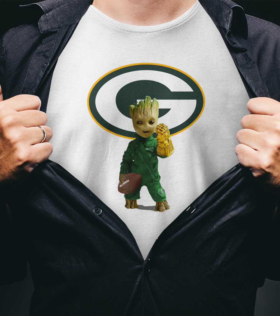Green Bay Packers Groot Football Holding Infinity Gauntlet T-Shirt