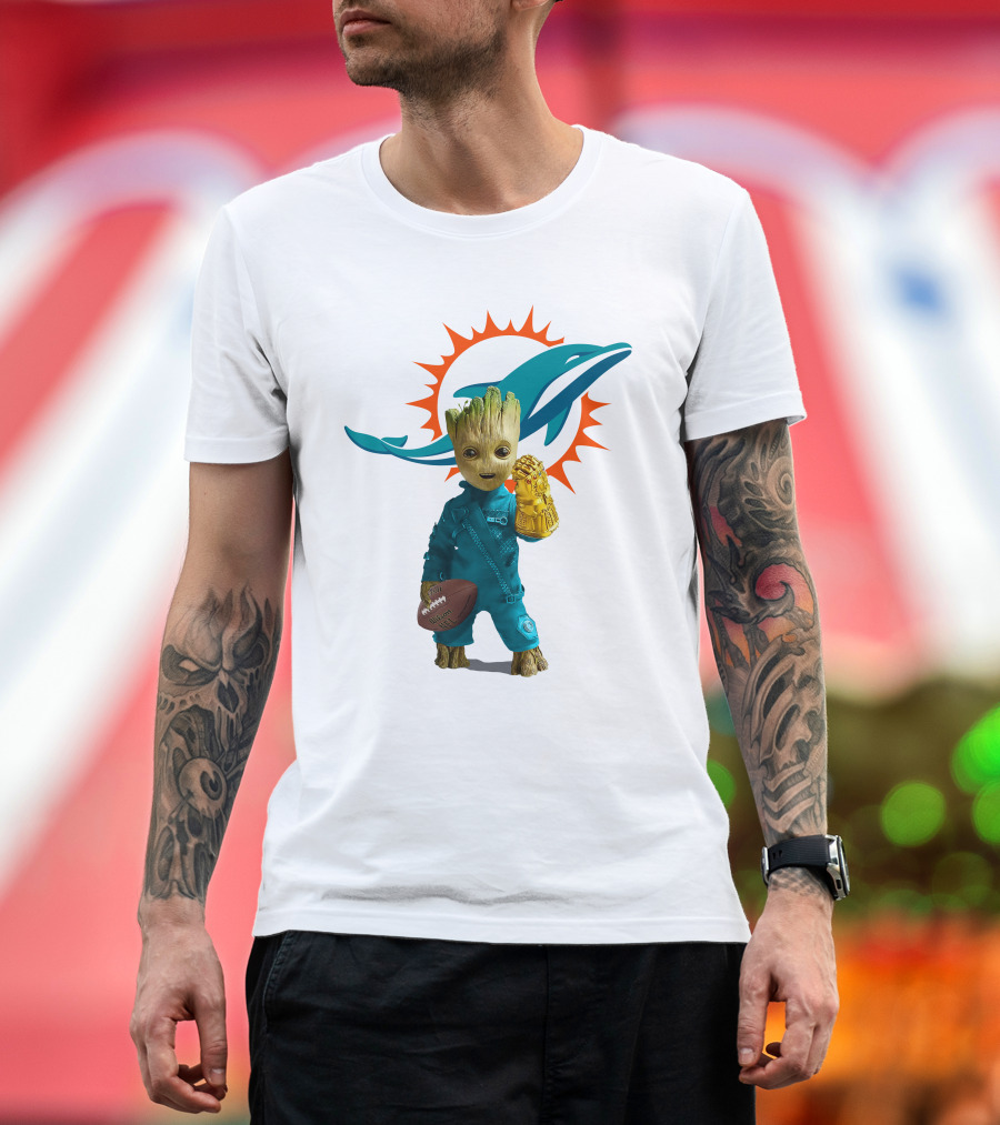 Miami Dolphins Groot Holding Football And Infinity Gauntlet T-Shirt