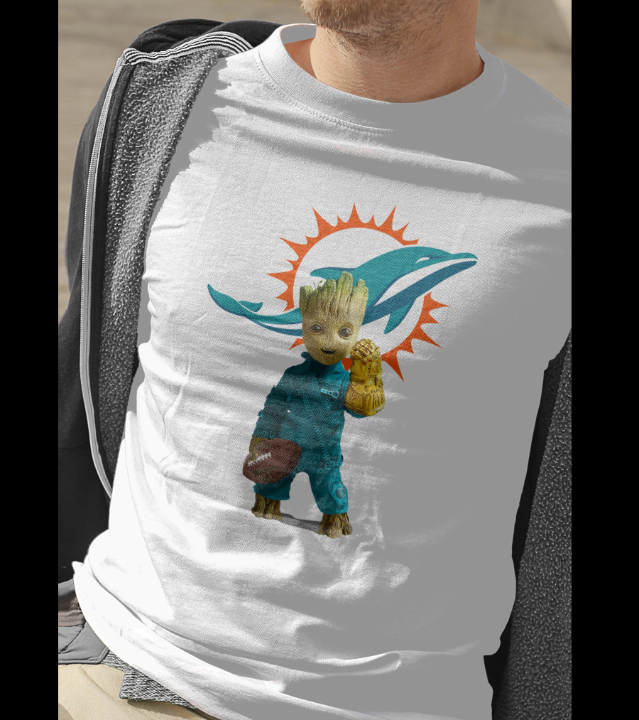 Miami Dolphins Groot Holding Football And Infinity Gauntlet T-Shirt