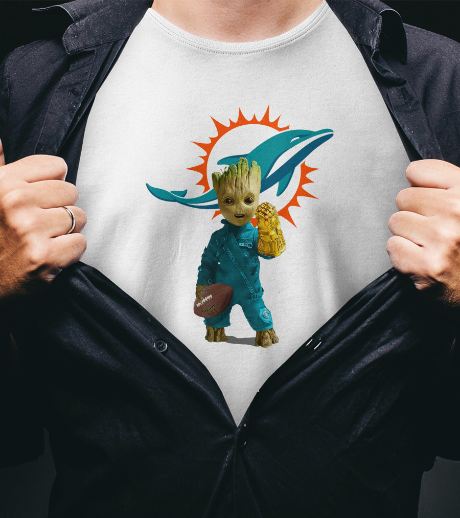 Miami Dolphins Groot Holding Football And Infinity Gauntlet T-Shirt