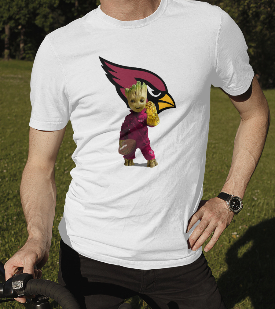 Arizona Cardinals Groot Holding Football And Infinity Gauntlet T-Shirt