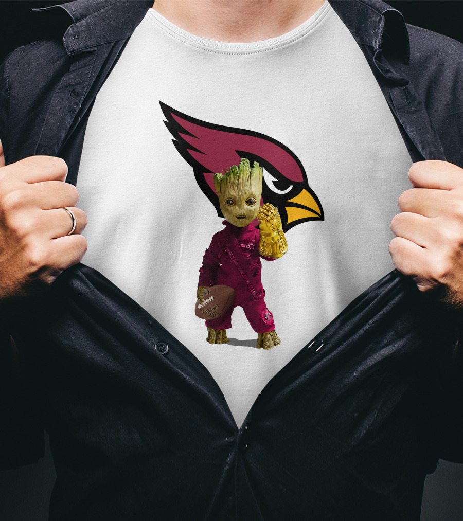 Arizona Cardinals Groot Holding Football And Infinity Gauntlet T-Shirt