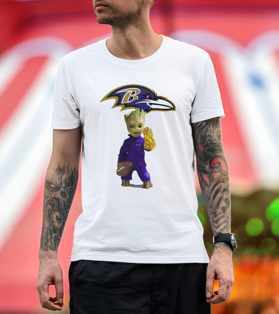 Baltimore Ravens Groot Holding Football and Infinity Gauntlet T-Shirt