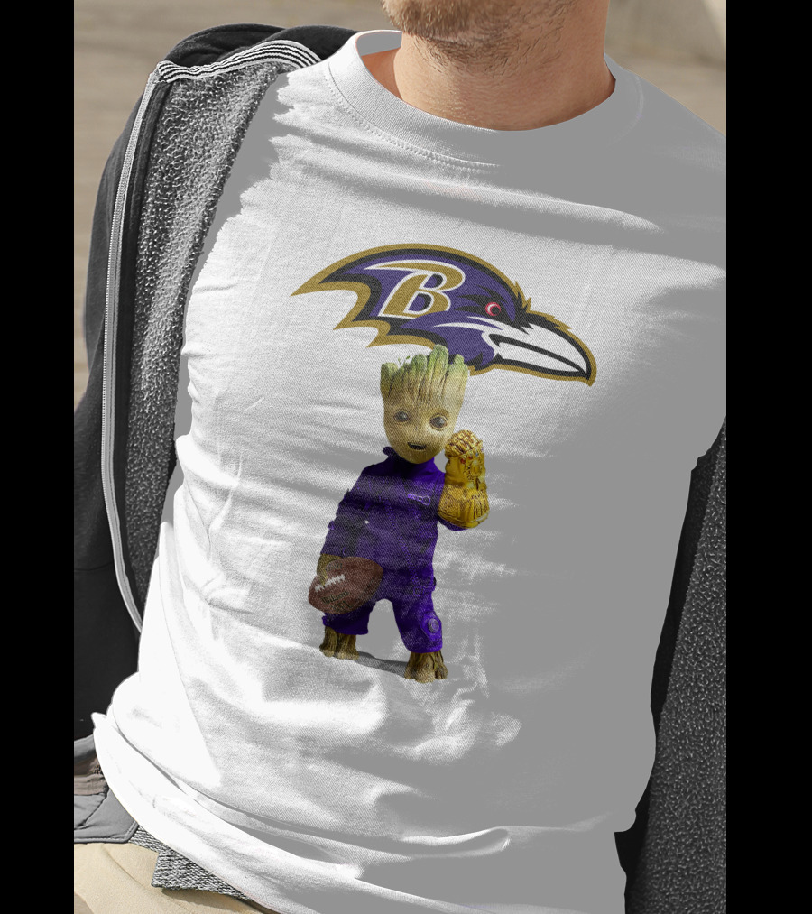 Baltimore Ravens Groot Holding Football And Infinity Gauntlet T-Shirt