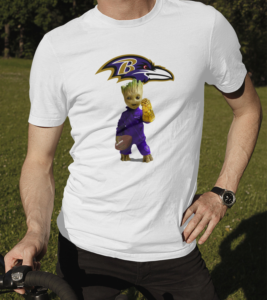 Baltimore Ravens Groot Holding Football And Infinity Gauntlet T-Shirt