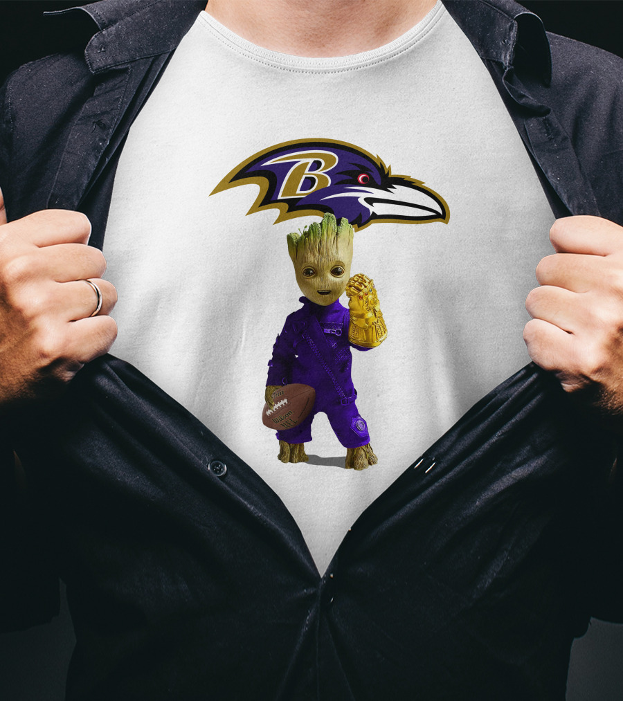 Baltimore Ravens Groot Holding Football And Infinity Gauntlet T-Shirt