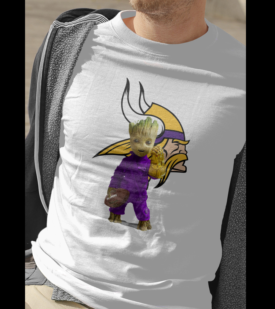 Minnesota Vikings Groot Holding Football And Infinity Gauntlet T-Shirt