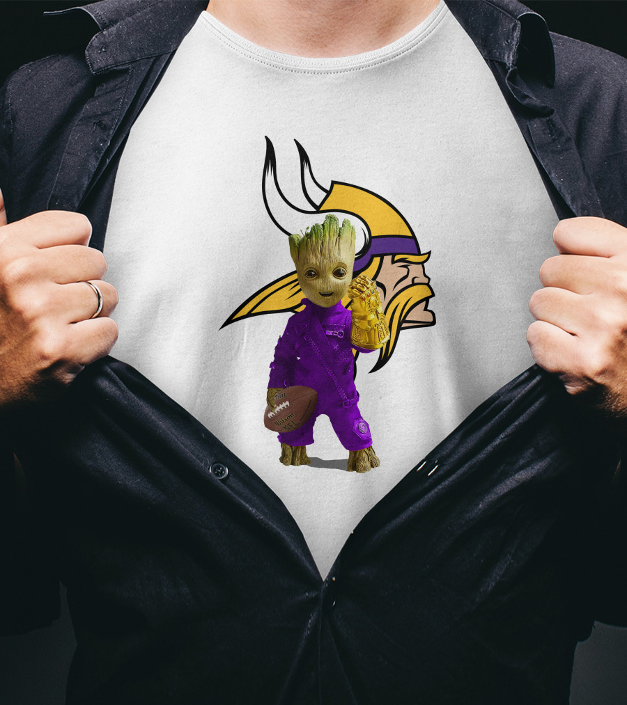 Minnesota Vikings Groot Holding Football And Infinity Gauntlet T-Shirt