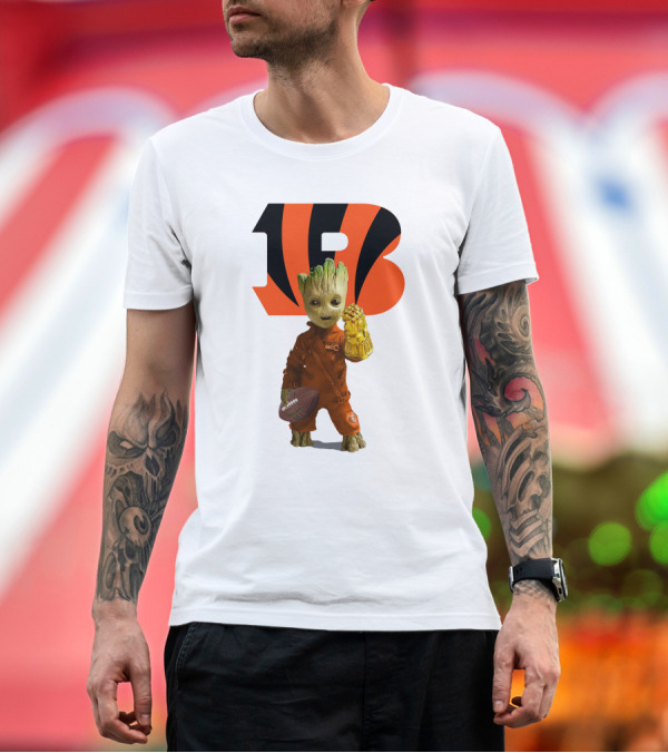 Premium T-Shirt: Cincinnati Bengals Groot Holding Football with Infinity Gauntlet T-Shirt Cincinnati Bengals Groot Holding Football with Infinity Gauntlet T-Shirt