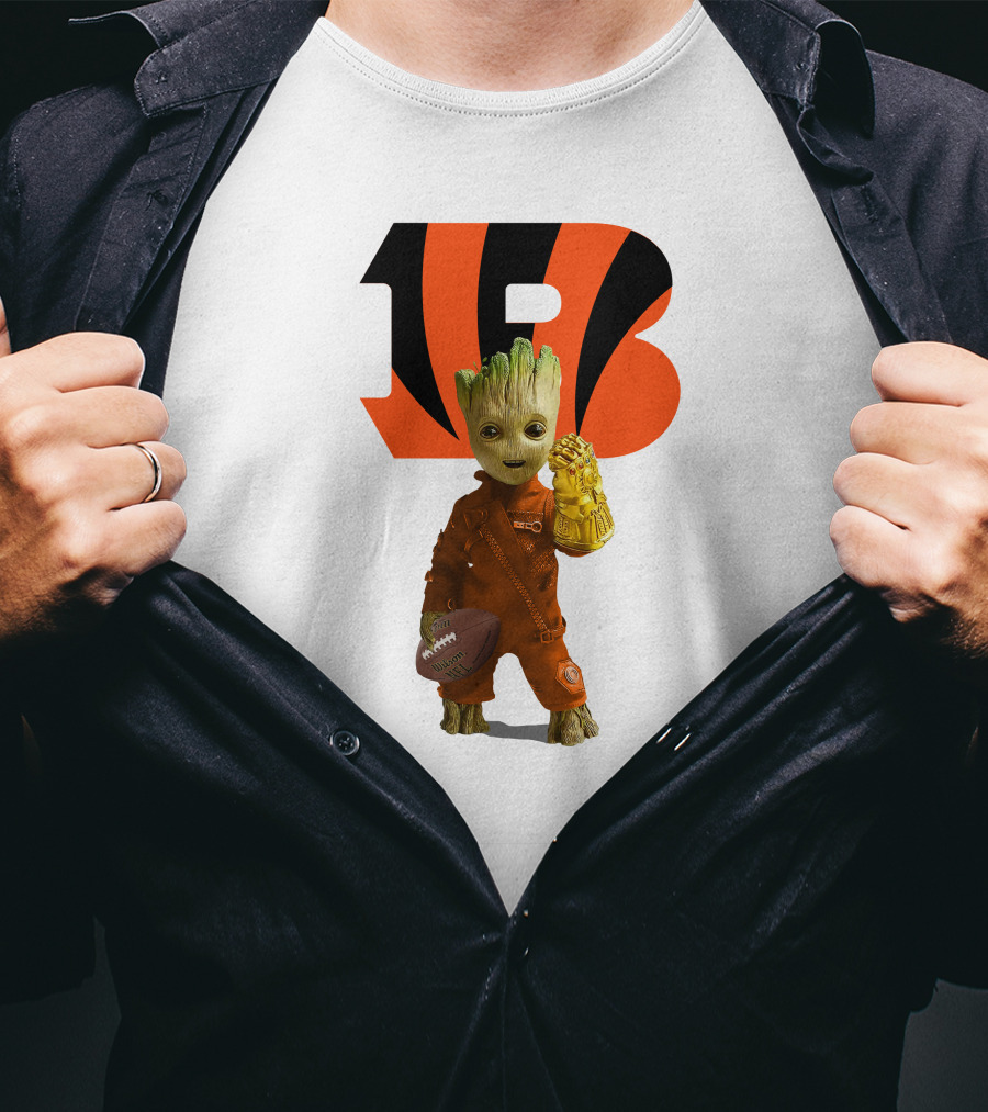 Cincinnati Bengals Groot Holding Football With Infinity Gauntlet T-Shirt
