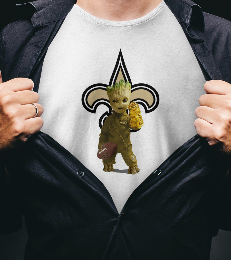 New Orleans Saints Groot Football Infinity Gauntlet Fleur-de-lis T-Shirt