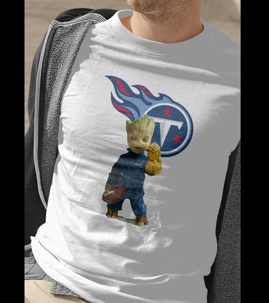 Groot Holding Football Tennessee Titans Logo Infinity Gauntlet T-Shirt