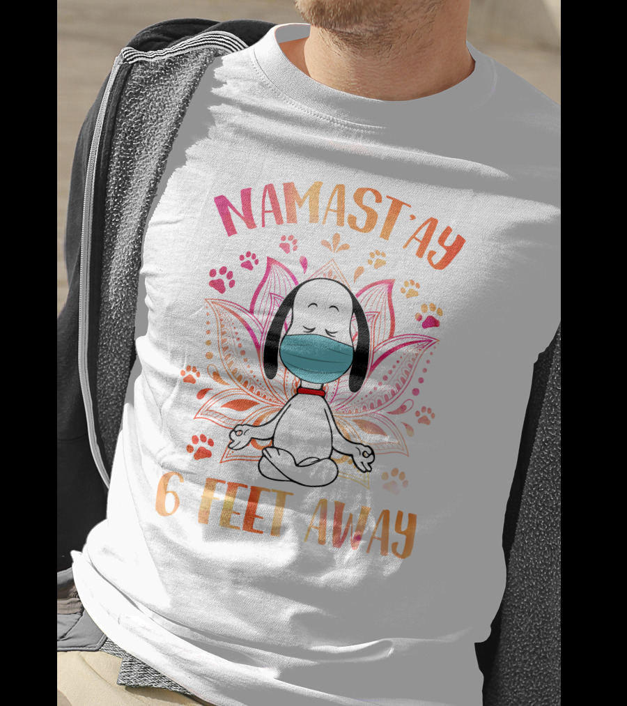 Namastay 6 Feet Away Masked Meditating Dog With Mandala And Paw Prints T-Shirt
