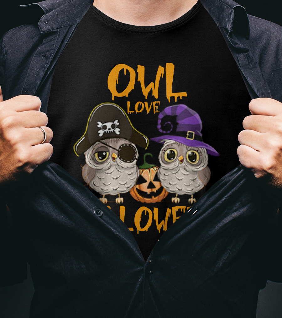 Owl Love Halloween Pirate And Witch Owls Pumpkin T-Shirt