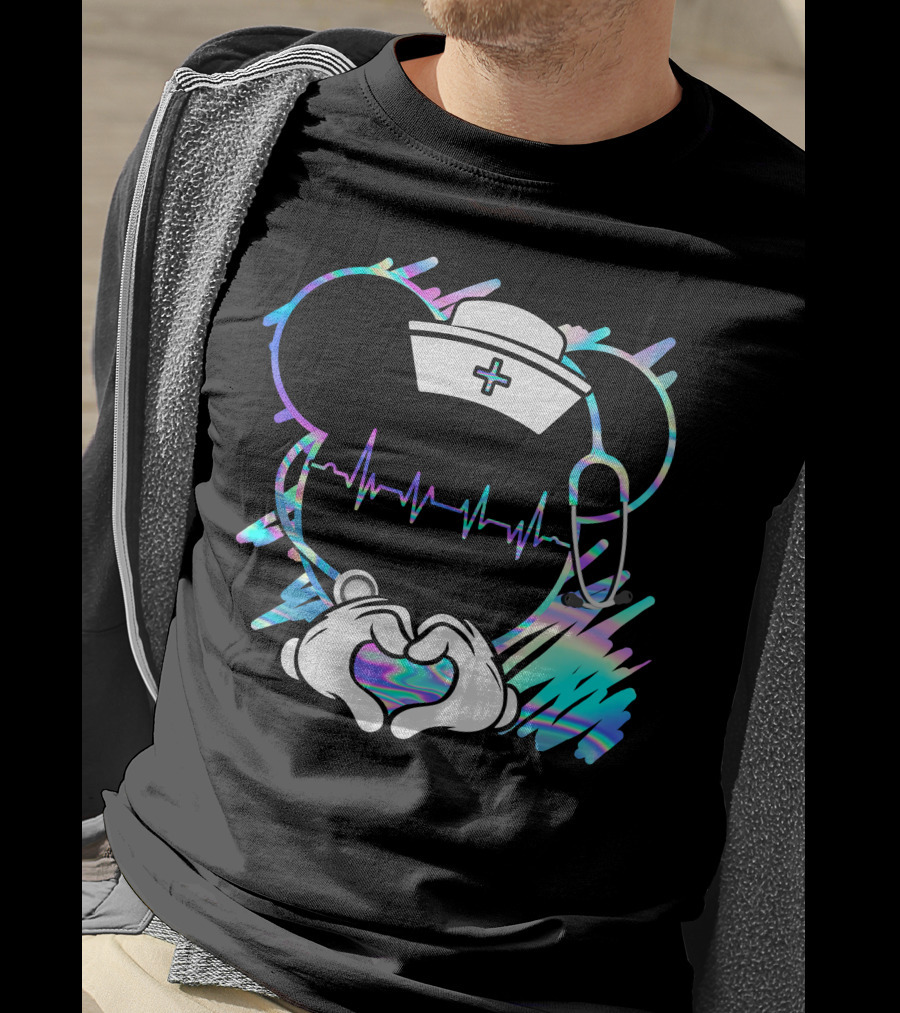 Nurse Disney Mickey Nurse Heartbeat Holographic T-Shirt