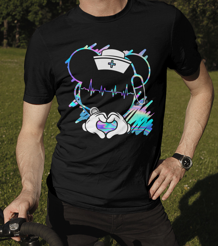 Nurse Disney Mickey Nurse Heartbeat Holographic T-Shirt