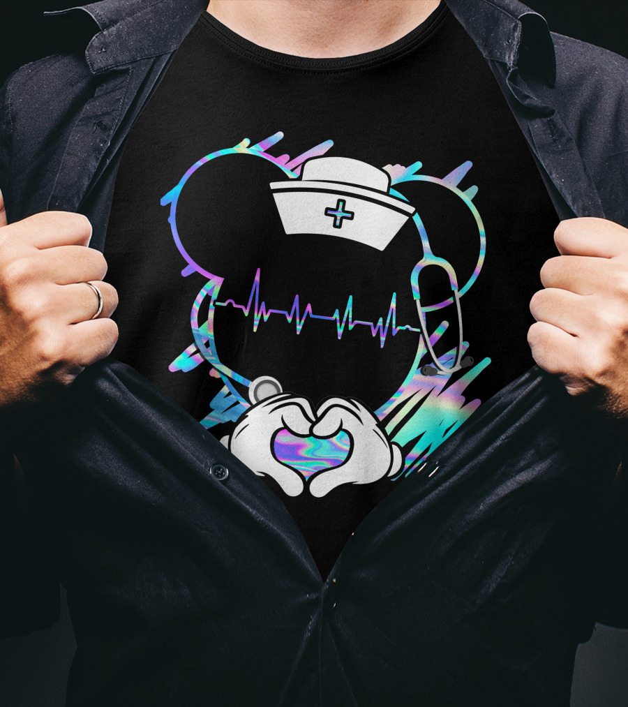 Nurse Disney Mickey Nurse Heartbeat Holographic T-Shirt