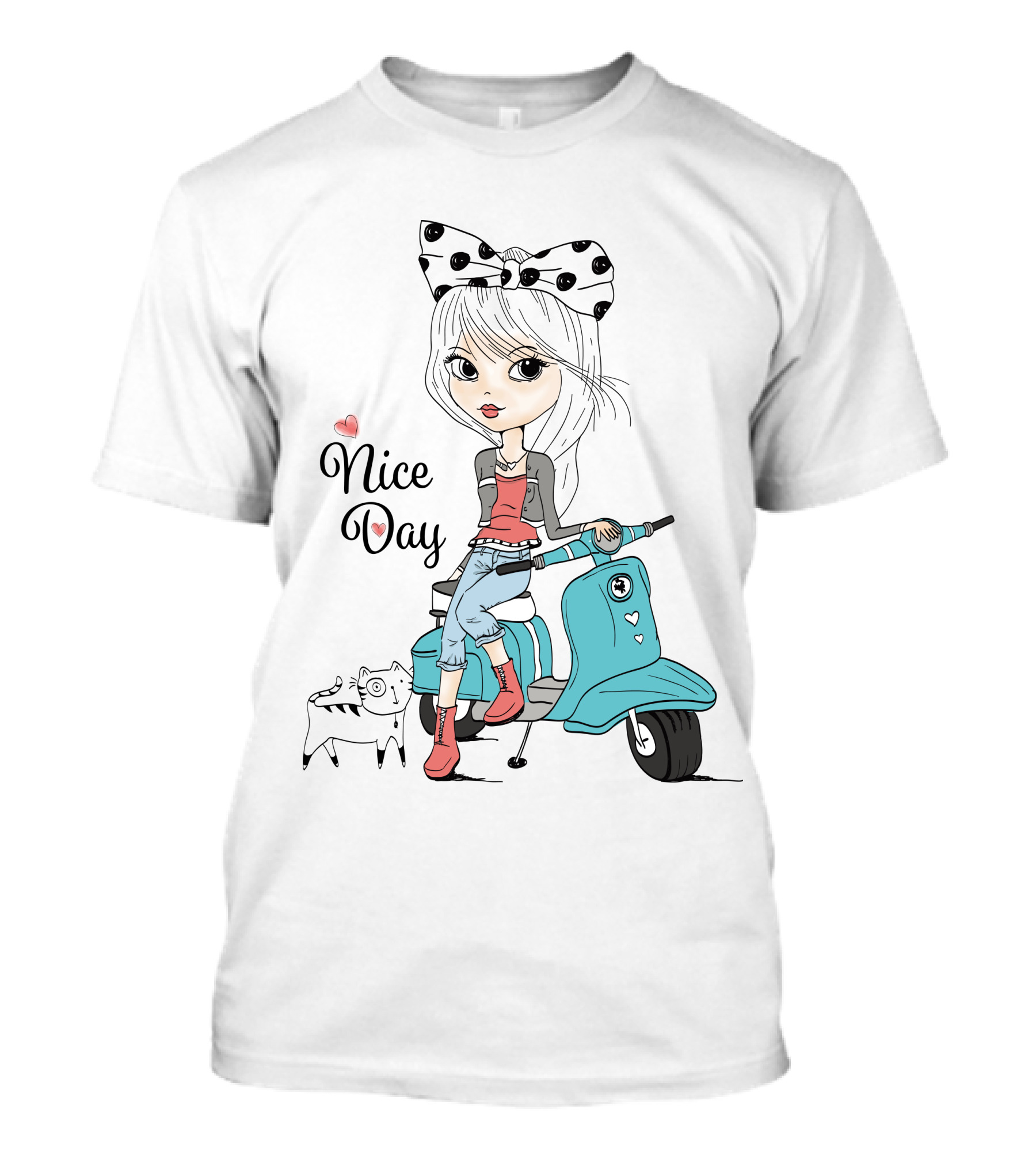 Nice Day Scooter Girl With Polka Dot Bow And Cute Cat T-Shirt