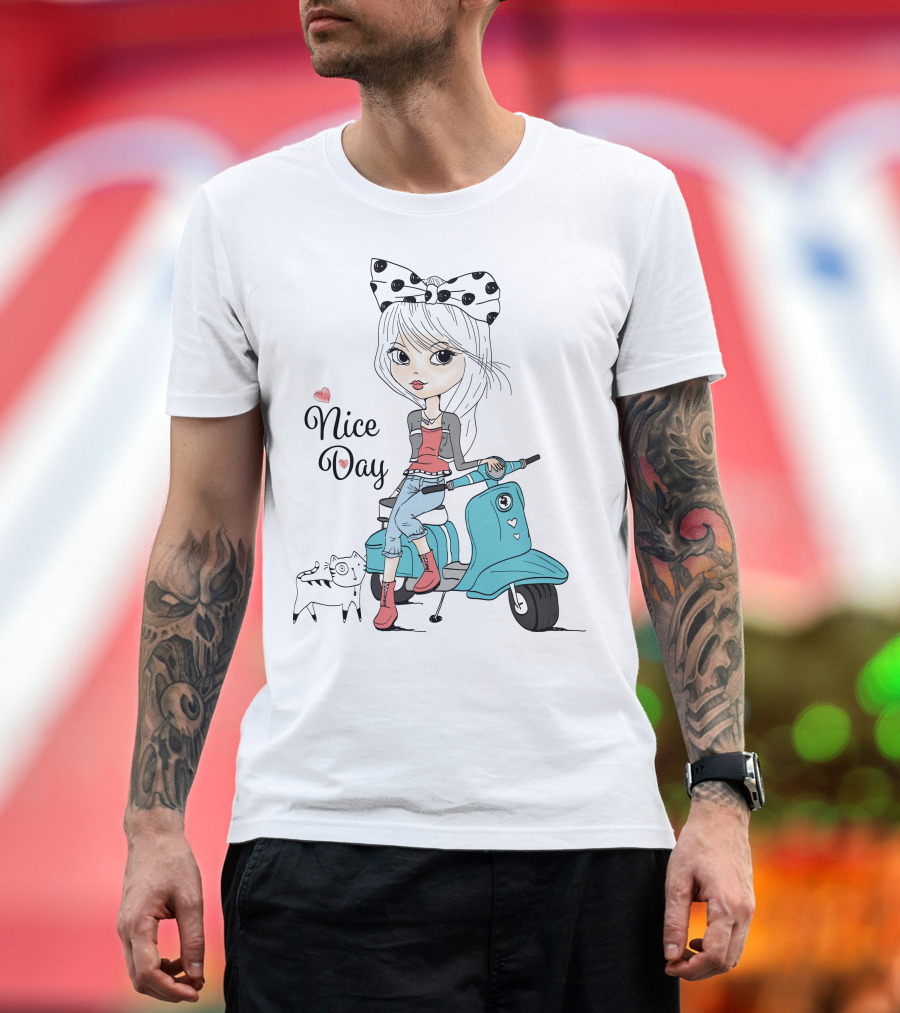Nice Day Scooter Girl with Polka Dot Bow and Cute Cat T-Shirt