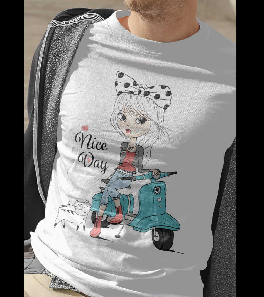 Nice Day Scooter Girl With Polka Dot Bow And Cute Cat T-Shirt