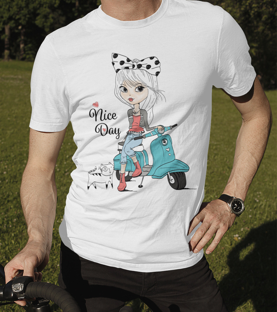 Nice Day Scooter Girl With Polka Dot Bow And Cute Cat T-Shirt