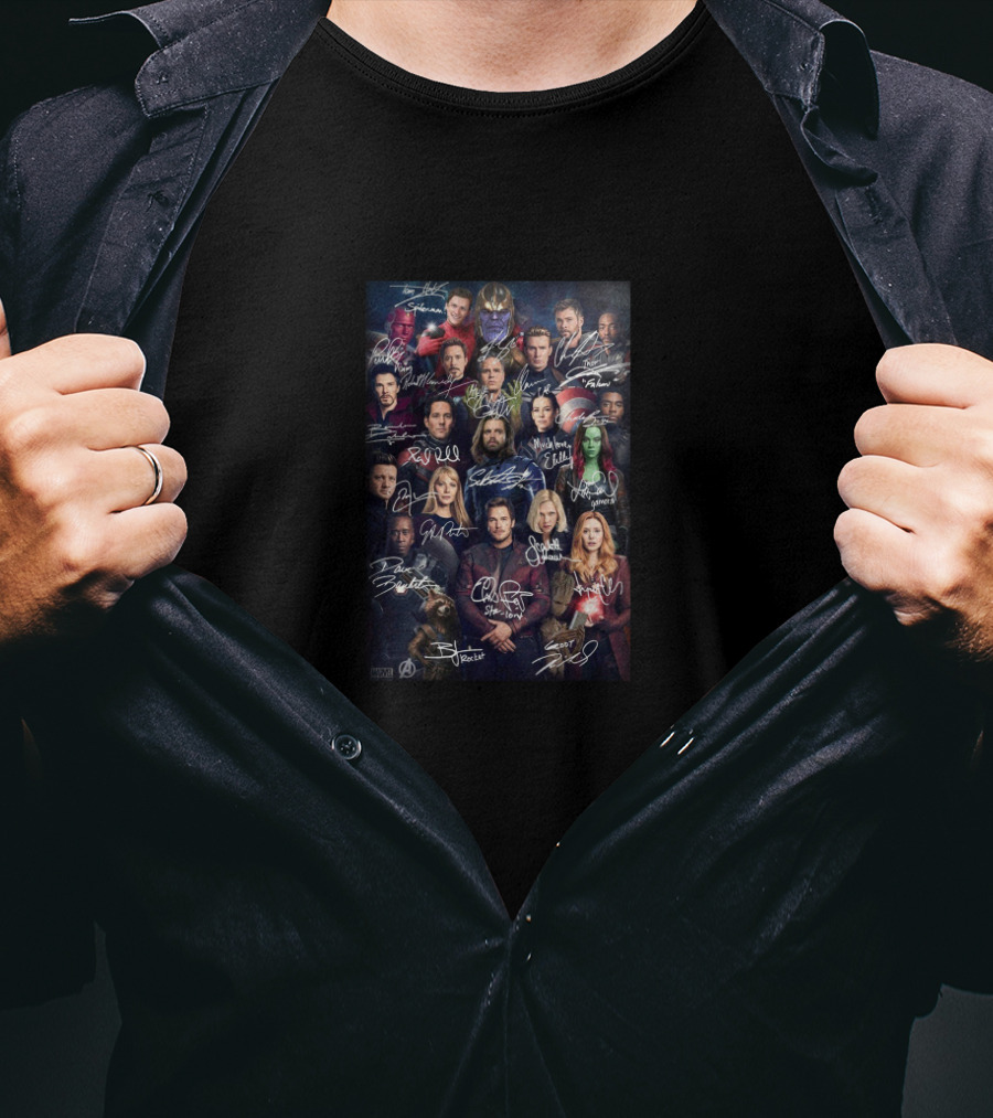 Avenger Cast Signatures Featuring Iconic Characters And Team Heroes T-Shirt