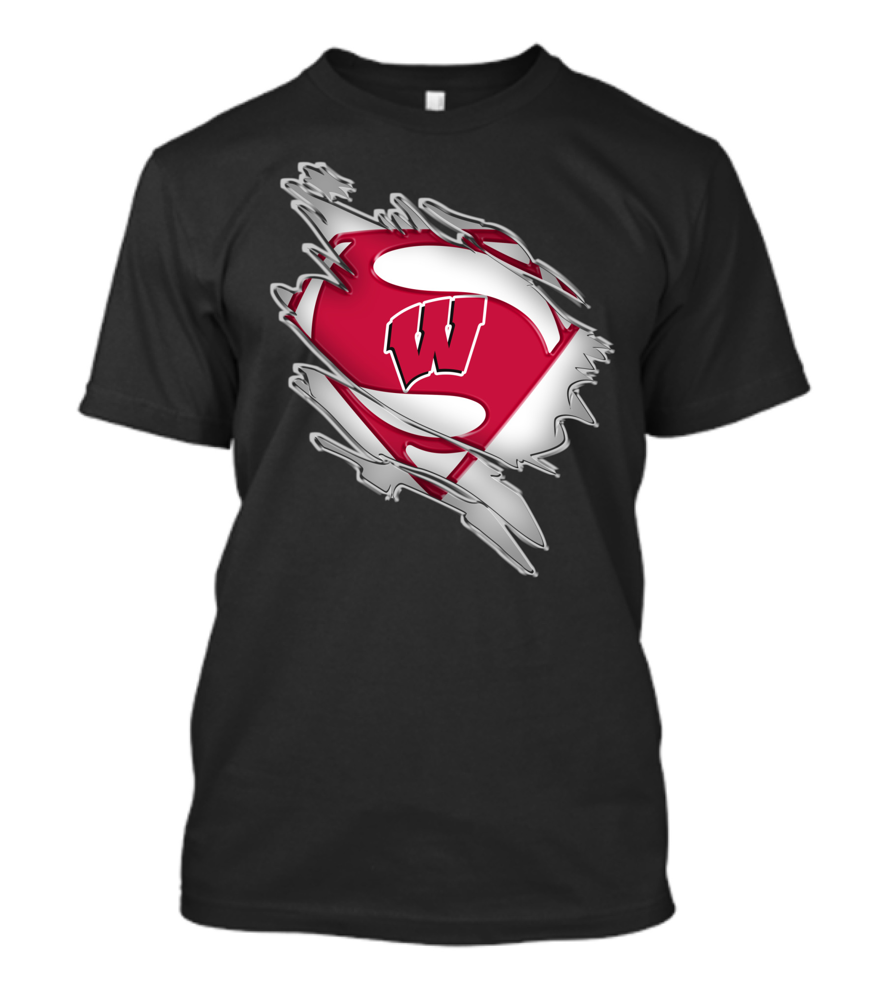 Wisconsin Badgers Super Man Emblem With W Inside Torn Fabric Effect T-Shirt