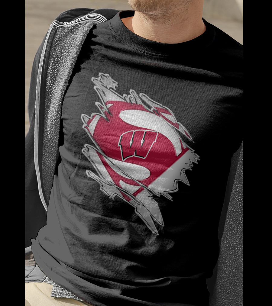 Wisconsin Badgers Super Man Emblem With W Inside Torn Fabric Effect T-Shirt