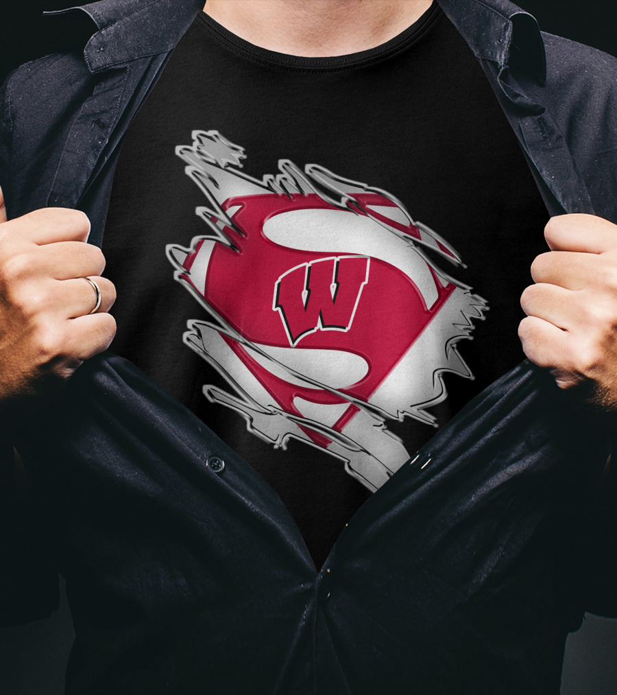 Wisconsin Badgers Super Man Emblem With W Inside Torn Fabric Effect T-Shirt