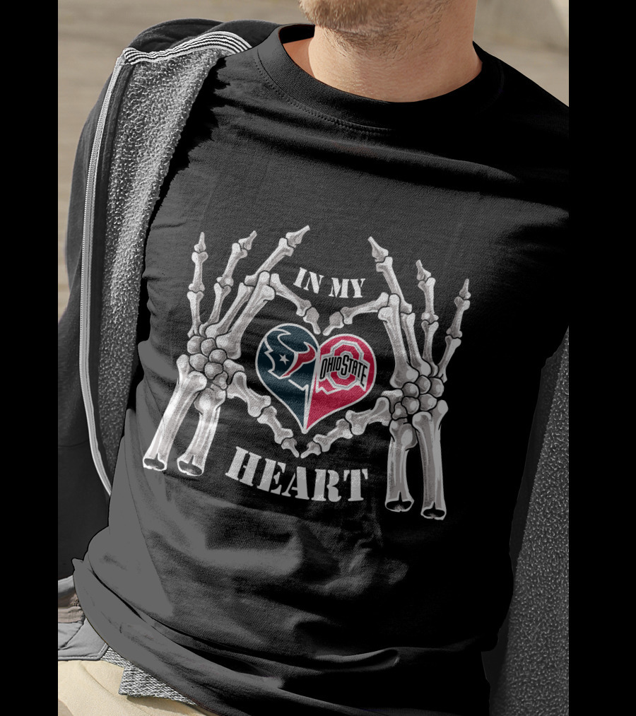 In My Heart Houston Texans Ohio State Buckeyes Skeleton Hands Heart T-Shirt