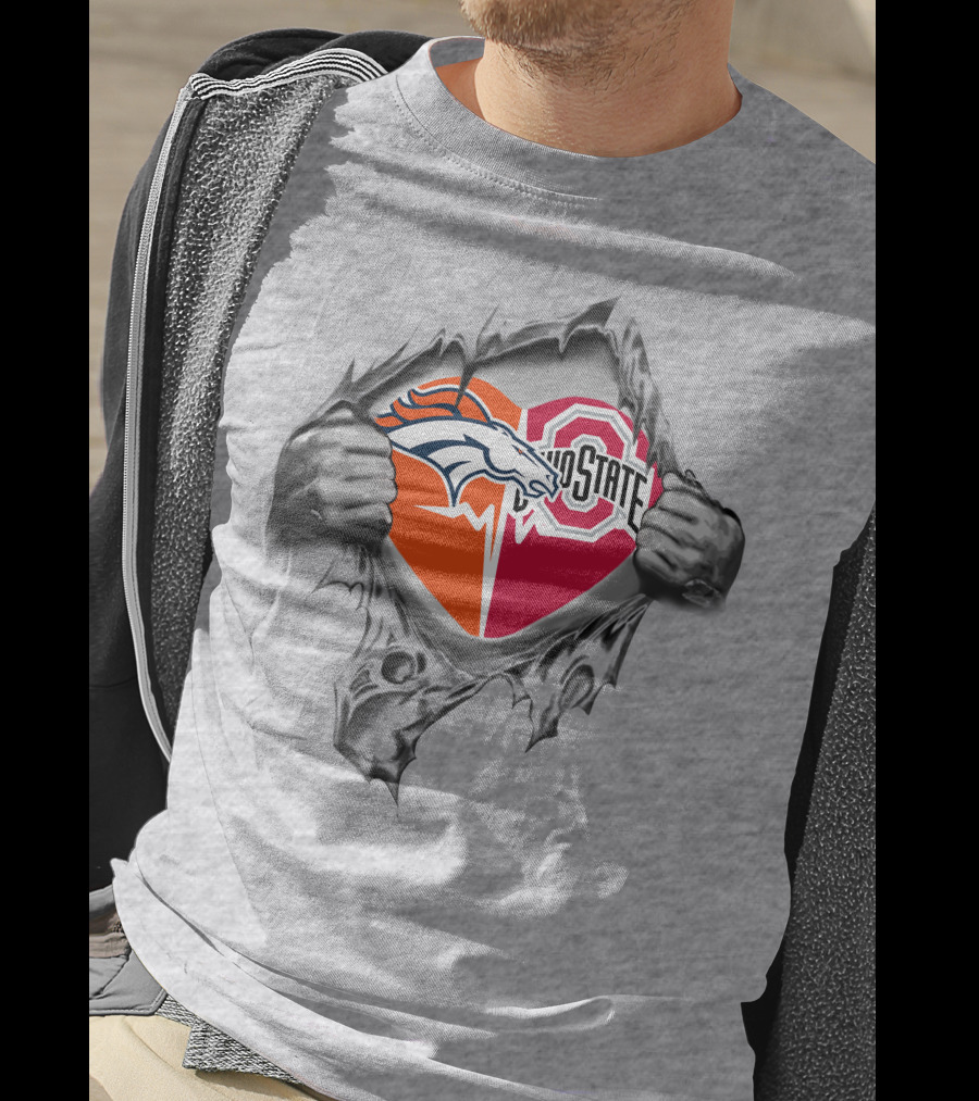 Denver Broncos Ohio State Buckeyes Logo Heart Tear Effect T-Shirt
