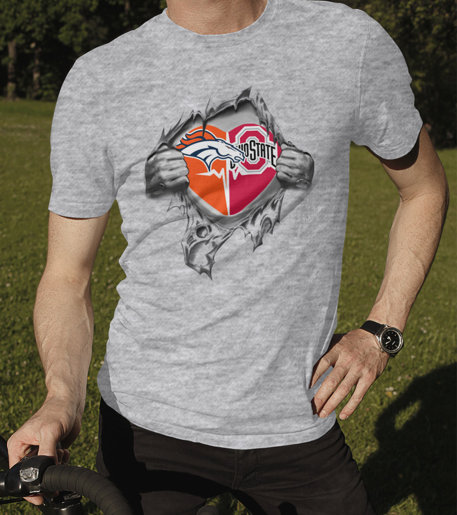 Denver Broncos Ohio State Buckeyes Logo Heart Tear Effect T-Shirt