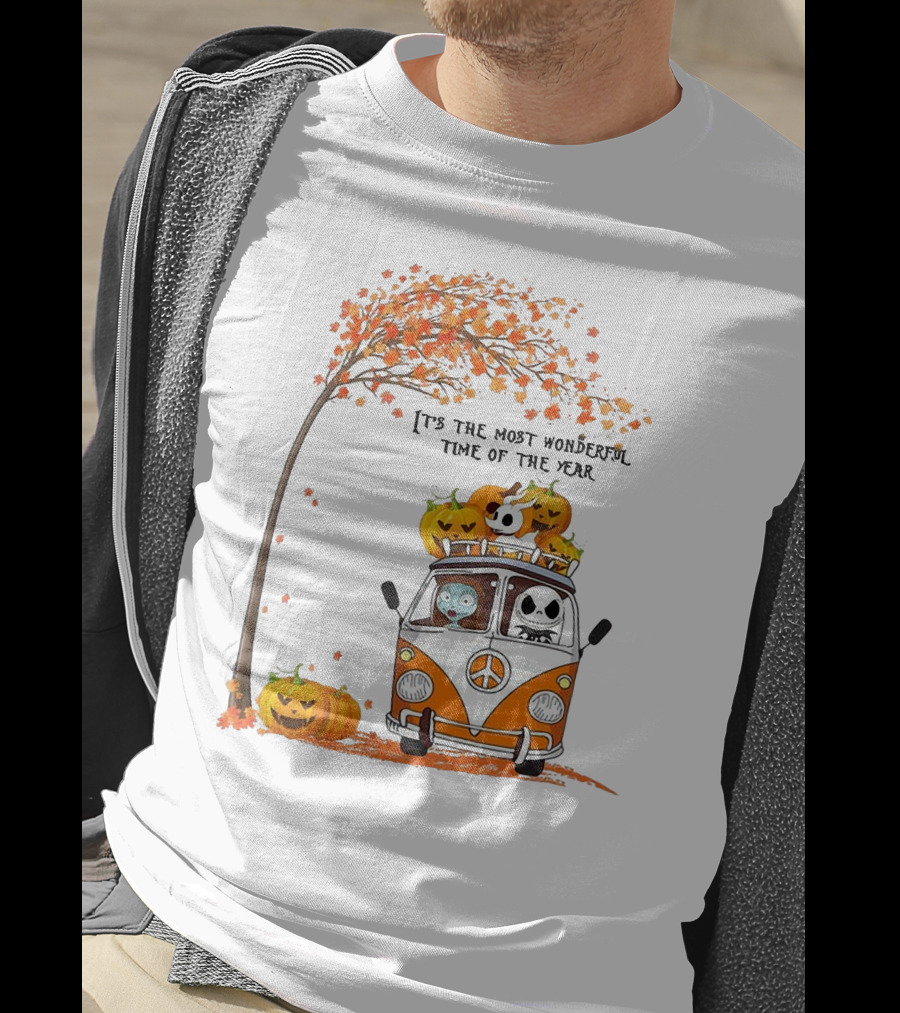 Jack Skellington Pumpkin It's The Most Wonderful Time Of The Year Autumn Van With Pumpkins And Tree T-Shirt