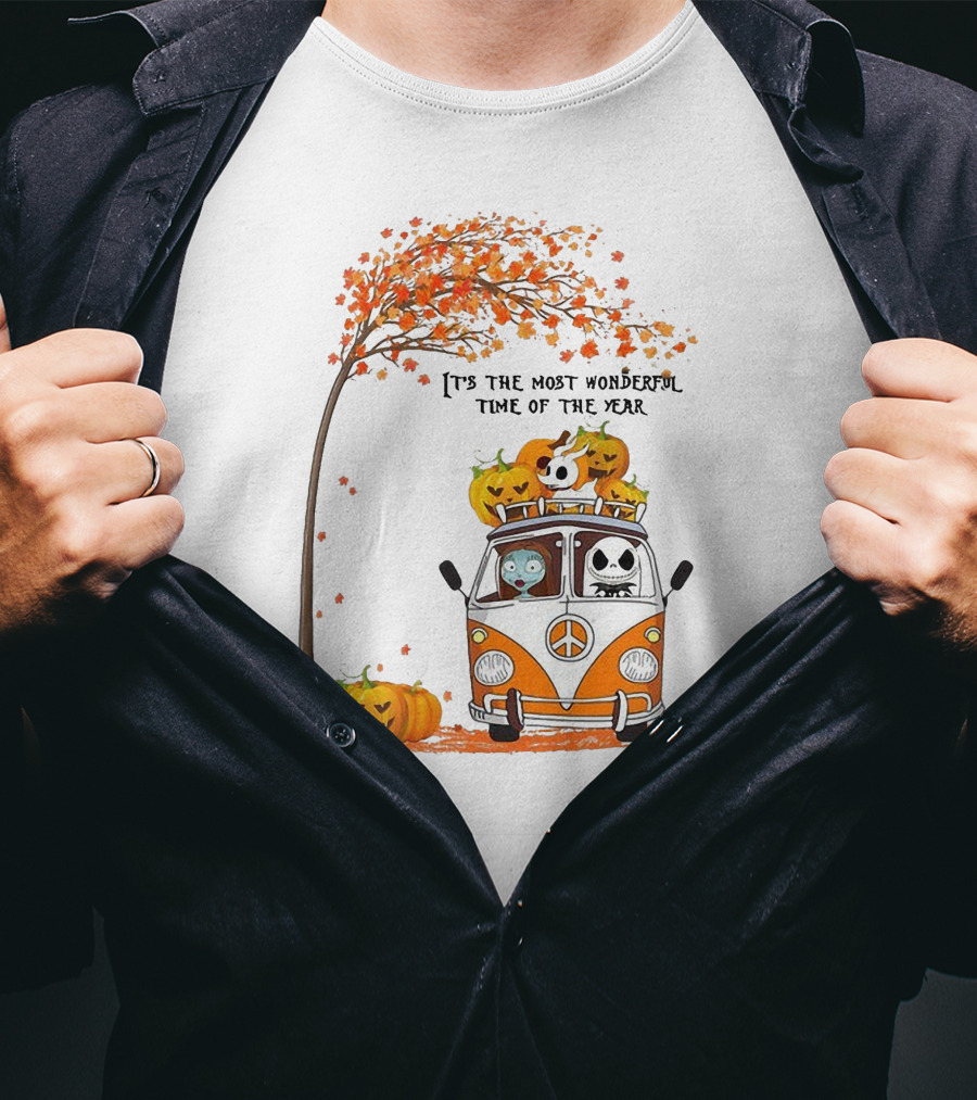 Jack Skellington Pumpkin It's The Most Wonderful Time Of The Year Autumn Van With Pumpkins And Tree T-Shirt