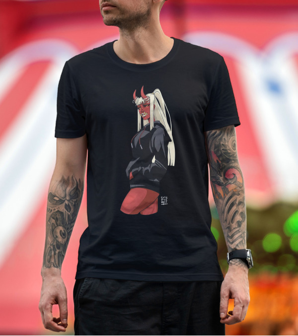Premium T-Shirt: Cutie Pie Sensei X Redpop Oni Chan Demon Girl in Black Hoodie with Red Horns and Long Blonde Hair T-Shirt Cutie Pie Sensei X Redpop Oni Chan Demon Girl in Black Hoodie with Red Horns and Long Blonde Hair T-Shirt