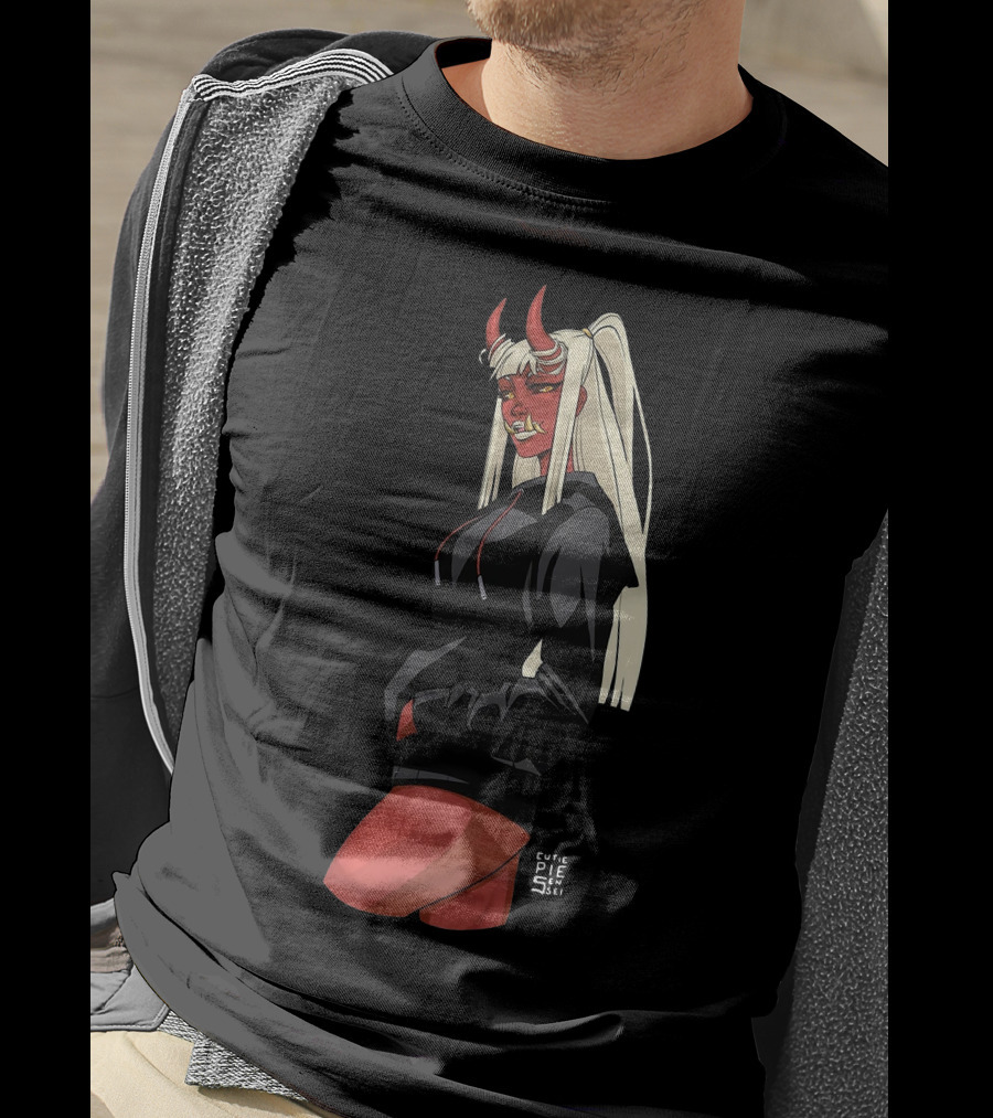 Cutie Pie Sensei X Redpop Oni Chan Demon Girl In Black Hoodie With Red Horns And Long Blonde Hair T-Shirt