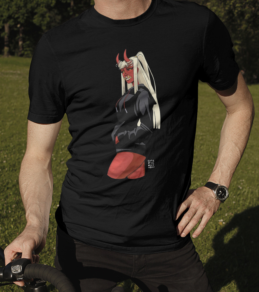 Cutie Pie Sensei X Redpop Oni Chan Demon Girl In Black Hoodie With Red Horns And Long Blonde Hair T-Shirt