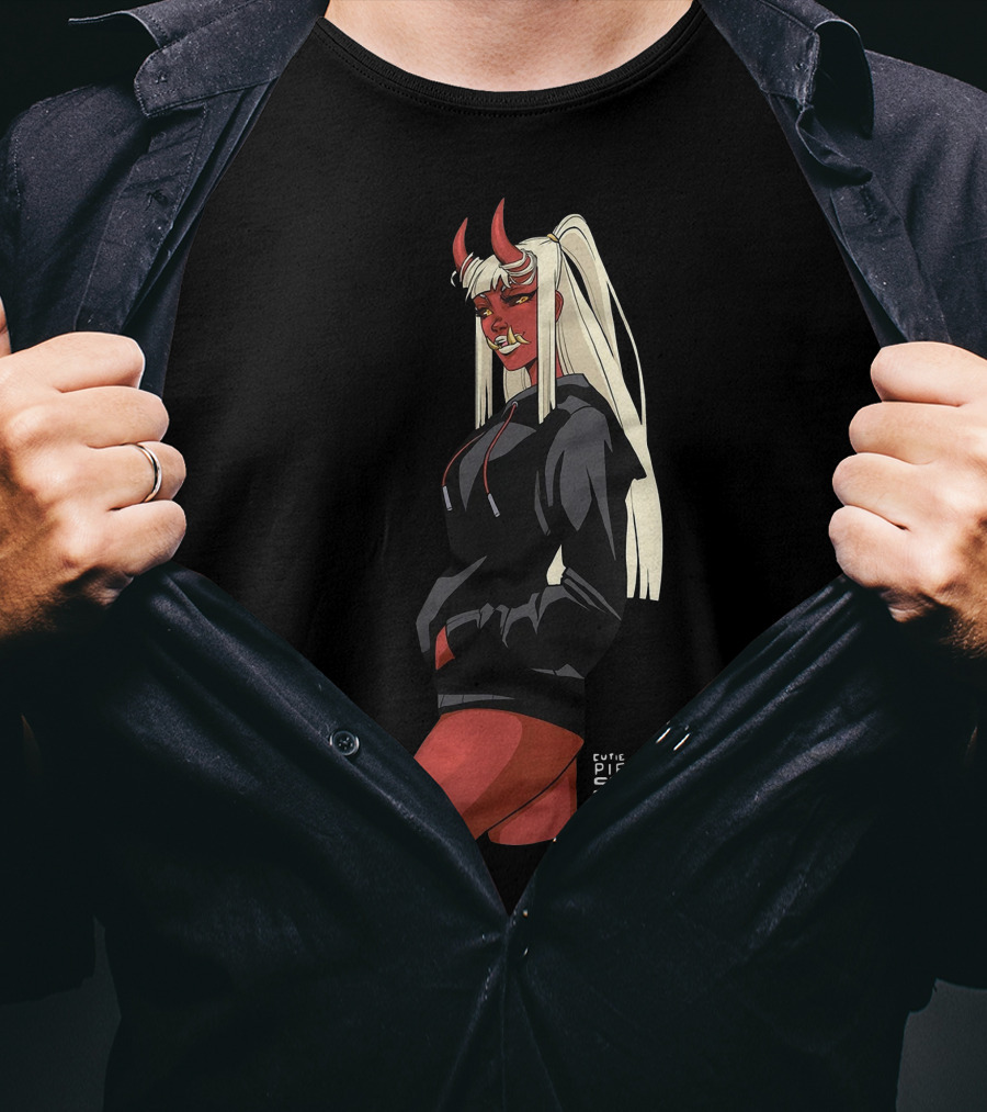 Cutie Pie Sensei X Redpop Oni Chan Demon Girl In Black Hoodie With Red Horns And Long Blonde Hair T-Shirt