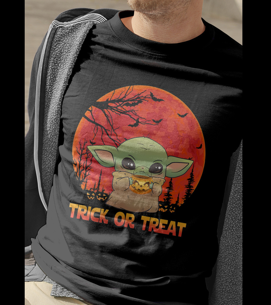 Halloween Baby Yoda Trick Or Treat Moon Pumpkin Forest T-Shirt