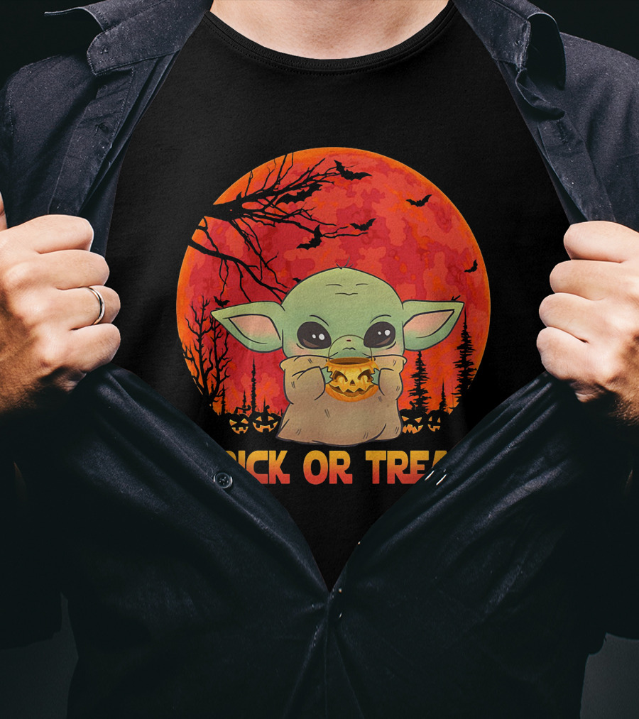 Halloween Baby Yoda Trick Or Treat Moon Pumpkin Forest T-Shirt