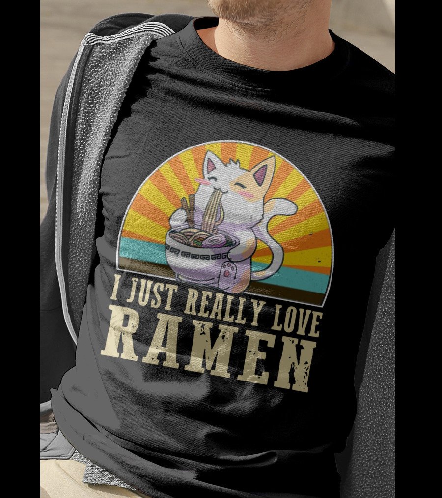 Cat Enjoying Ramen With Sunburst Background Graphics T-Shirt