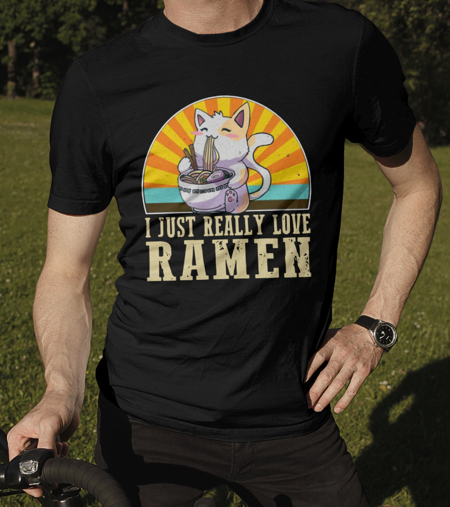 Cat Enjoying Ramen With Sunburst Background Graphics T-Shirt