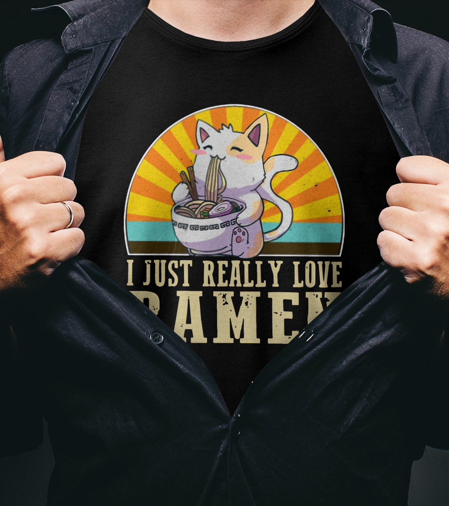Cat Enjoying Ramen With Sunburst Background Graphics T-Shirt