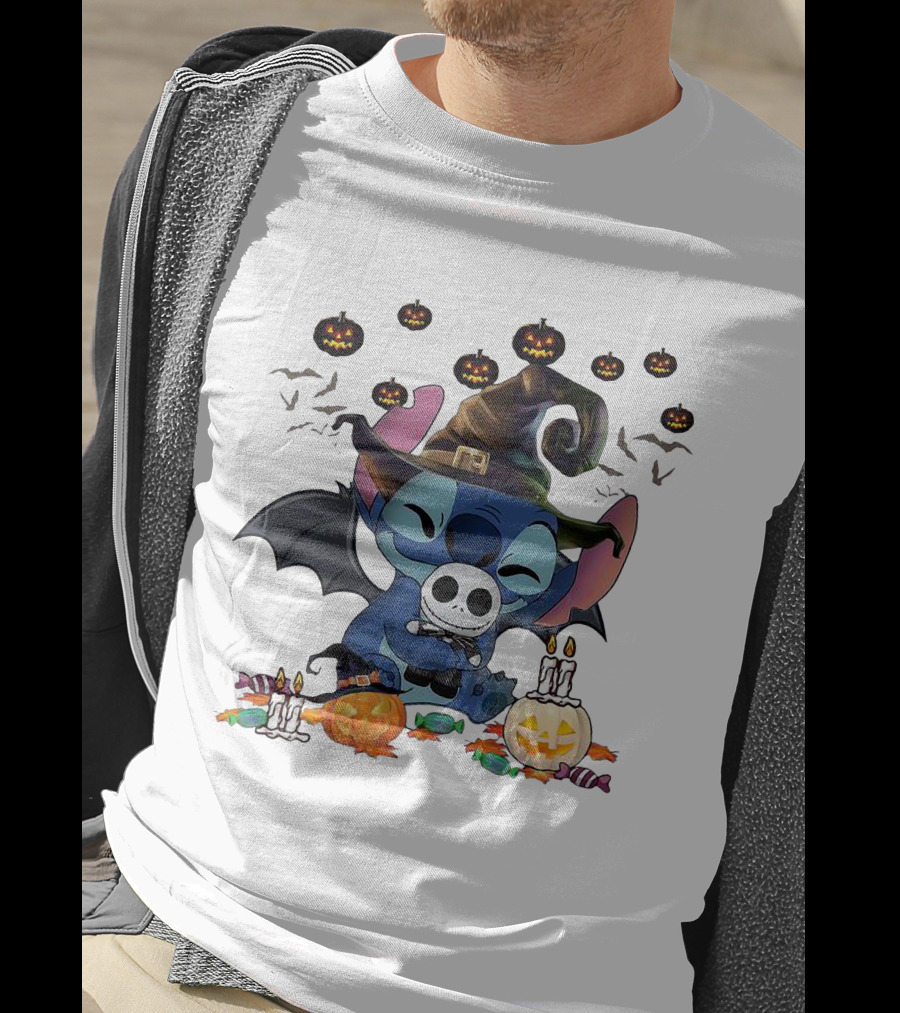 Halloween Stitch With Jack Skellington Mask And Bats T-Shirt