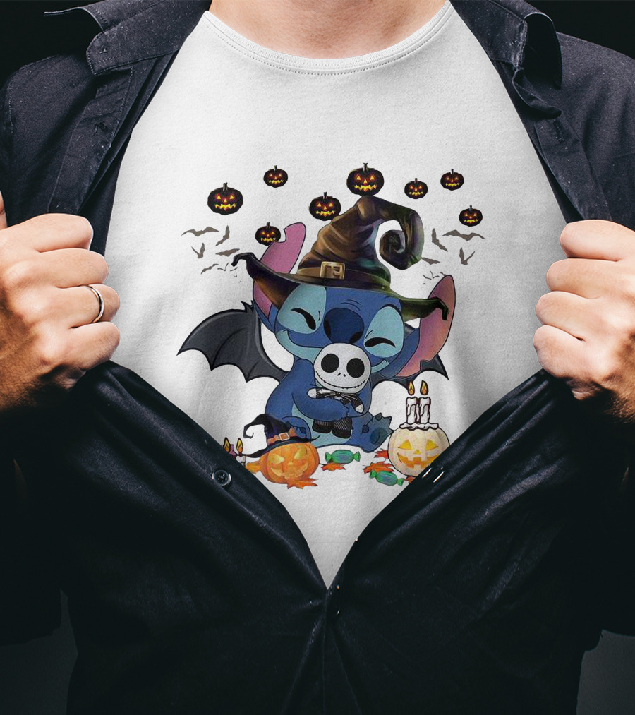 Halloween Stitch With Jack Skellington Mask And Bats T-Shirt