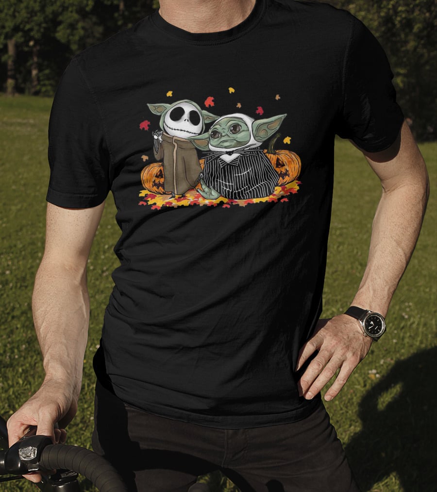 Pumpkin Halloween Baby Yoda Jack Skellington Autumn Leaves T-Shirt