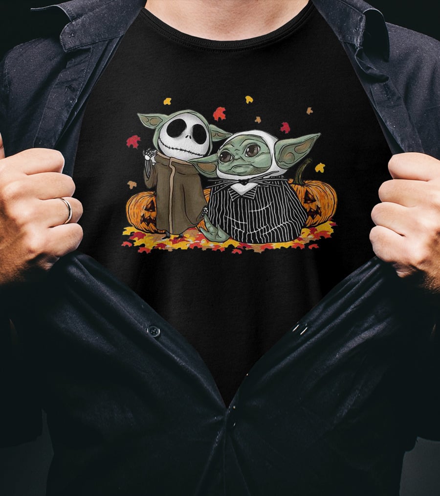 Pumpkin Halloween Baby Yoda Jack Skellington Autumn Leaves T-Shirt